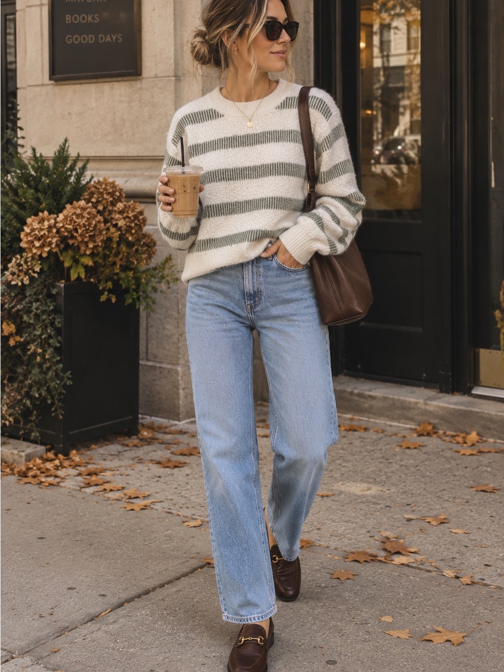 Absolutely Cream and Olive Striped Crewneck Sweater